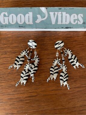 Lunch at the Ritz Zebra Chandelier Earrings  Enamel Paint Signed 1980s *RARE
